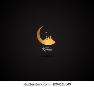 Happy Ramadan Kareem islamic simple design logotype style with golden moon and mosque. vector illustration for ramadan celebration 