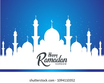 Happy Ramadan Kareem islamic simple design with white mosque silhouette blue color. vector illustration for ramadan celebration 