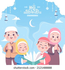 happy ramadan kareem with kids character illustration background arabic callygraphy means ramadan