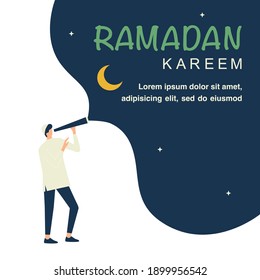 Happy ramadan kareem, man hold telescope to look at sky