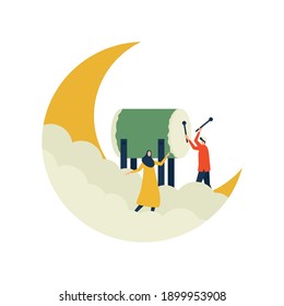 Happy ramadan kareem, man playing a drum on crescent moon with woman