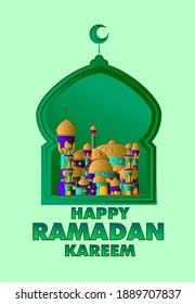 happy ramadan kareem is mean muslim event template background with 3d or paper cut art style