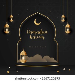 Happy Ramadan Kareem Mubarak illustration with podium lantern and dome paper cut effect