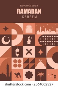 Happy Ramadan Kareem poster. Modern neo geometric abstract background. Postcard, invitation, header website. Composition of simple traditional icons in bauhaus minimalist style. Vector illustration.