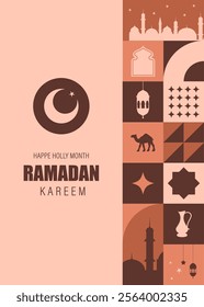 Happy Ramadan Kareem poster. Modern neo geometric abstract background. Postcard, invitation, header website. Composition of simple traditional icons in bauhaus minimalist style. Vector illustration.