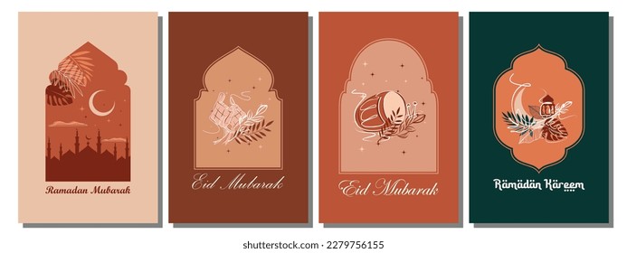 Happy Ramadan Kareem set of greeting card, posters, and banners. Design with iconic things about Ramadan.