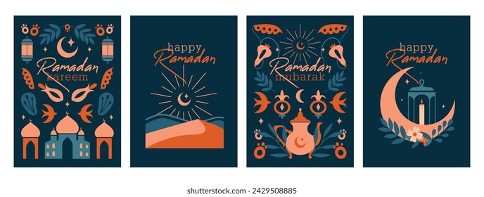 Happy Ramadan. Ramadan Kareem. Set of islamic cards, banners, templates with greeting, vector modern illustrations of mosque, crescent, lantern, lamp, plants, moon, floral ornament on dark background.