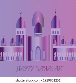 Happy Ramadan kareem with sheikh grand mosque greeting card pruple magenta background 
