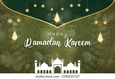 happy ramadan kareem template banner with beautiful islamic ornament with green background design 15