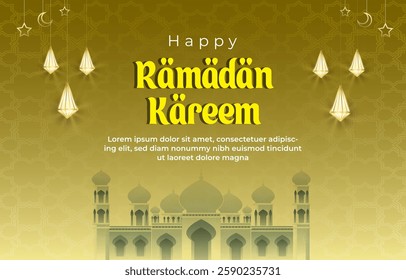 happy ramadan kareem template banner with beautiful islamic ornament with yellow background design 15
