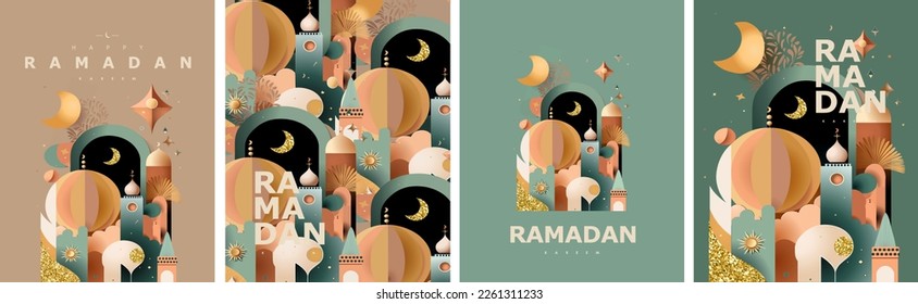 Happy Ramadan Kareem! Vector illustration of abstract paper cut mosque, crescent, pattern, window and street for greeting card, background or wallpaper - Shutterstock ID 2261311233