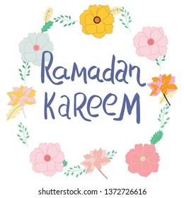 Happy Ramadan Kareem vector typography. Green textured frame on white background. Greeting Card, poster template. Happy and Holy Ramadan.