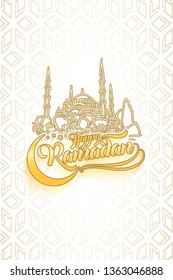 Happy Ramadan lettering greeting card on eastern oriental simple background.