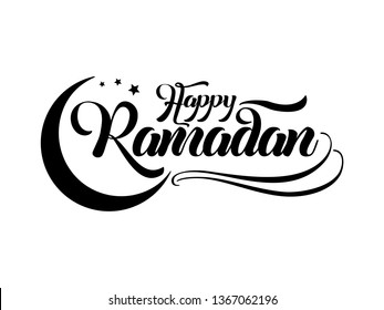 Happy Ramadan lettering greeting card on eastern oriental simple background.