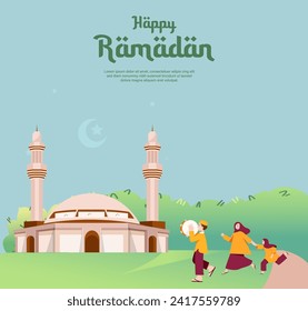 Happy ramadan, mother and daughter go to the mosque to pray illustration