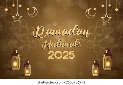 feliz ramadan mubarak 2025 modelo banner com belo ornamento islâmico com projeto de fundo marrom