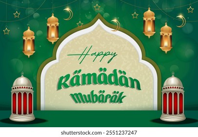 feliz ramadan mubarak 2025 modelo banner com belo ornamento islâmico com design de fundo verde 08