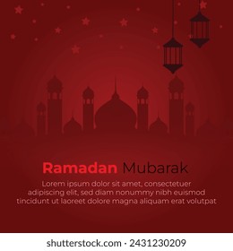 Happy Ramadan Mubarak. Card with Arab mosque tower and moon. Modern Islamic design. Religious holidays. night landscape Vector design illustration set.