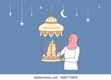 Happy ramadan mubarak celebration concept. Young arabic islam woman standing holding traditional holiday lamp with fire burning inside vector illustration 