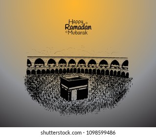 Happy Ramadan Mubarak celebration. vector illustration hand drawing of holy kaaba with orange light background