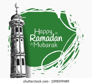 Happy Ramadan Mubarak celebration. vector illustration hand drawing of mosque tower with green brush