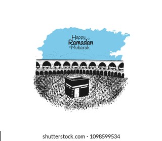 Happy Ramadan Mubarak celebration. vector illustration hand drawing of holy kaaba with blue sky brush