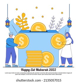 Happy Ramadan Mubarak charity donation concepts with lantern, star, and muslim characters holding coin. Islamic eid Fitr illustrations for web landing page template, banner, social, ad, promotion.