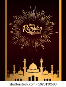 Happy Ramadan Mubarak design with mosque and firwork golden color. vector illustration for ramadan greeting card, poster, and invitation