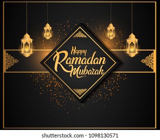 Happy Ramadan Mubarak design with ornament, glitter, and lantern golden color. vector illustration for ramadan greeting card, poster, and invitation