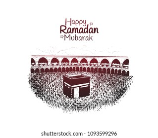 Happy Ramadan Mubarak free hand drawing sketch of holy kaabah. Vector illustration