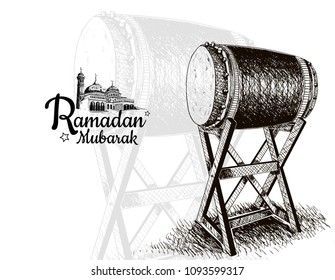 Happy Ramadan Mubarak free hand drawing sketch of Bedug with vector illustration can use for greeting card, invitation, and islamic poster 