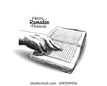 Happy Ramadan Mubarak Free Hand Drawing Sketch Of Hand Pointing Holy Book Of The Quran. Vector Illustration