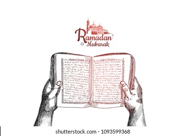 Happy Ramadan Mubarak Free Hand Drawing Sketch Of Hand Opening Holy Book Of The Quran With Mosque. Vector Illustration For Ramadan Celebration