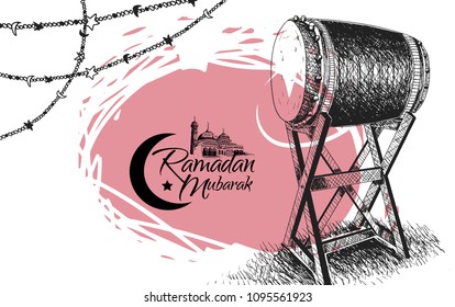 Happy Ramadan Mubarak free hand drawing sketch of bedug in pink brush with mosque logo. Vector illustration for ramadan celebration event