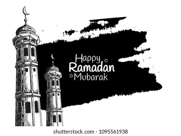Happy Ramadan Mubarak free hand drawing sketch of two mosque tower o black brush . Vector illustration for ramadan celebration