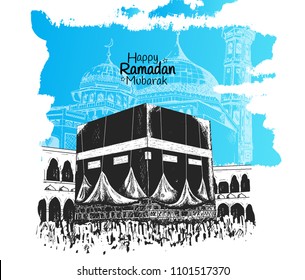 Happy Ramadan Mubarak free hand drawing sketch of kaaba on blue background. Vector illustration for ramadan poster, flyer, greeting card, banner and template