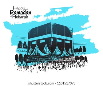 Happy Ramadan Mubarak free hand drawing sketch of holy kaaba with blue brush. Vector illustration for ramadan poster, flyer, greeting card, banner and template