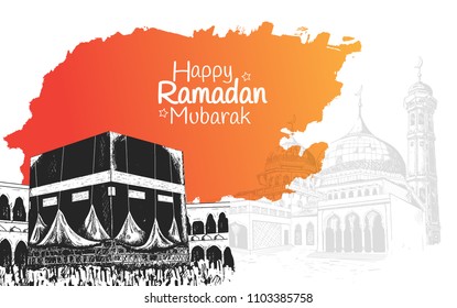 Happy Ramadan Mubarak free hand drawing sketch of holy kaaba with orange background. Vector illustration for ramadan poster, flyer, greeting card, banner and template