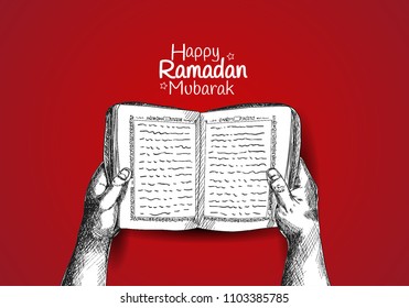 Happy Ramadan Mubarak free hand drawing sketch of hand open holy quran on red background. Vector illustration for ramadan poster, flyer, greeting card, banner and template