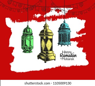 Happy Ramadan Mubarak free hand drawing sketch of colorful lantern and ribbon on red background. Vector illustration for ramadan poster, flyer, greeting card, banner and template