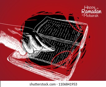 Happy Ramadan Mubarak free hand drawing sketch of hand pointing quran with red and black backround. Vector illustration for ramadan poster, flyer, greeting card, banner and template