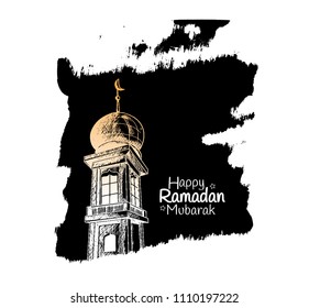 Happy Ramadan Mubarak free hand drawing sketch of mosque tower black brush. Vector illustration for ramadan poster, flyer, greeting card, banner and template