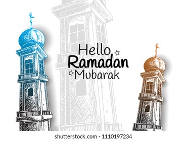 Happy Ramadan Mubarak free hand drawing sketch of mosque tower blue and orange color. Vector illustration for ramadan poster, flyer, greeting card, banner and template