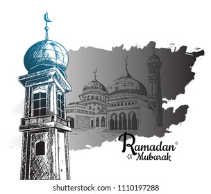Happy Ramadan Mubarak free hand drawing sketch of mosque tower and mosque background. Vector illustration for ramadan poster, flyer, greeting card, banner and template