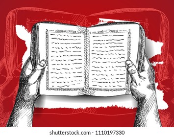 Happy Ramadan Mubarak free hand drawing sketch of hand opening holy quran red background. Vector illustration for ramadan poster, flyer, greeting card, banner and template