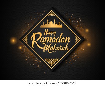 happy Ramadan Mubarak golden design with ornament, glitter, and mosque. vector design for ramadan greeting card, poster, and invitation