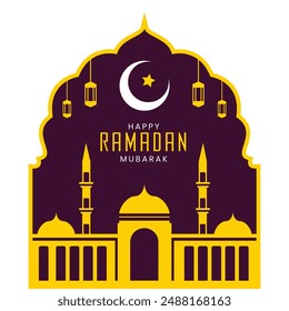 Happy Ramadan Mubarak Greeting Card with a mosque and crescent moon