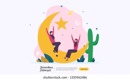 happy ramadan mubarak greeting concept with people character for web landing page template, banner, presentation, social, and print media. islamic eid fitr or adha flat design vector illustration.