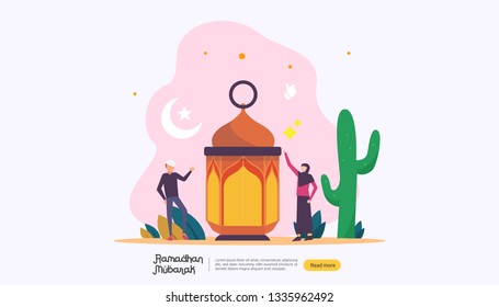 happy ramadan mubarak greeting concept with people character for web landing page template, banner, presentation, social, and print media. islamic eid fitr or adha flat design vector illustration.