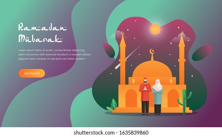happy ramadan mubarak greeting concept with people character for web landing page template, banner, presentation, social, and print media. islamic month or holiday vector illustration.